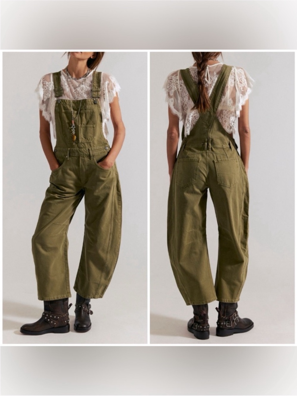 NWOT Free People We The Free Good Luck Barrel Overalls - Weeping Willow Green- L